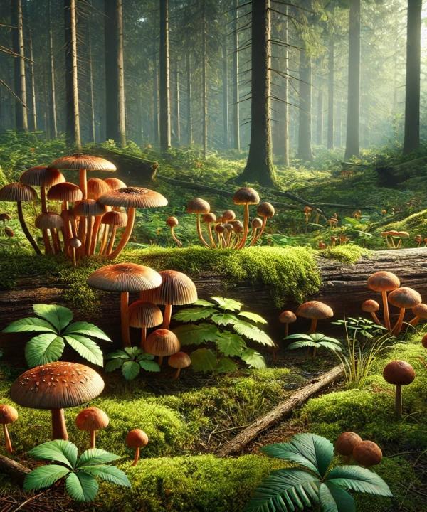 Photorealistic nature scene of mushrooms growing in a tranquil forest setting