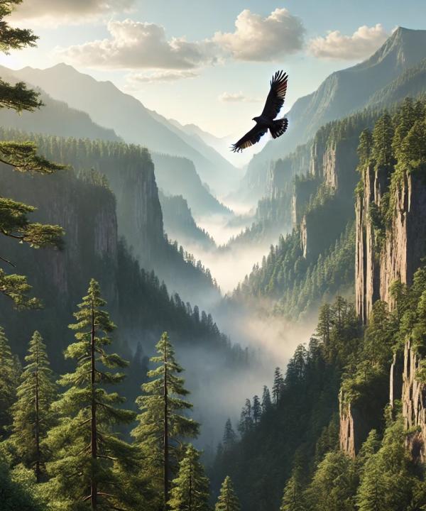 Photorealistic mountaintop forest with a single bird soaring through a canyon under a clear sky.