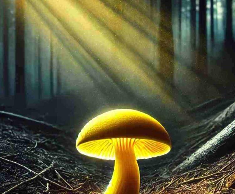 A wild yellow mushroom found among fallen leaves, standing out brightly against the forest floor.