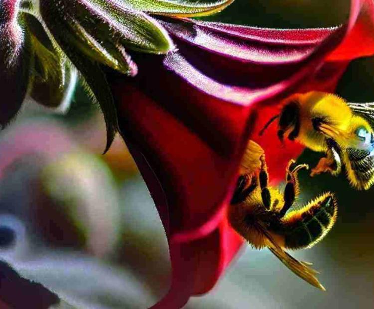 A busy bee pollinating a vibrant flower at a garden center, surrounded by lush green plants.