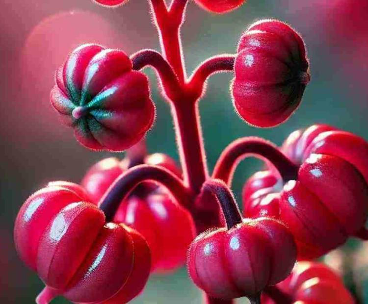 Tiny pink pumpkin-shaped berries hanging from a bush, nestled among green leaves in the forest.