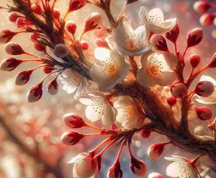 A tree with white petals and bright red berries standing tall in a sunlit forest clearing.