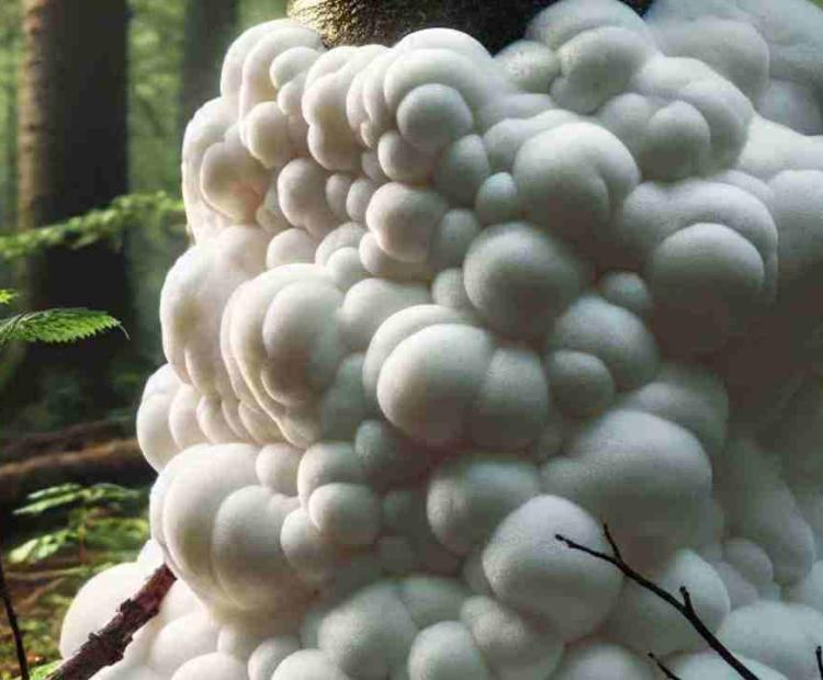 Foam-like growths found at the base of a large tree, nestled among fallen leaves and twigs.