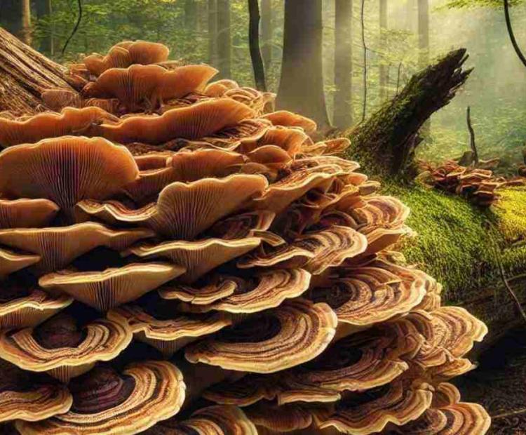 A cluster of wild mushrooms in various colors and shapes growing in a damp forest clearing.