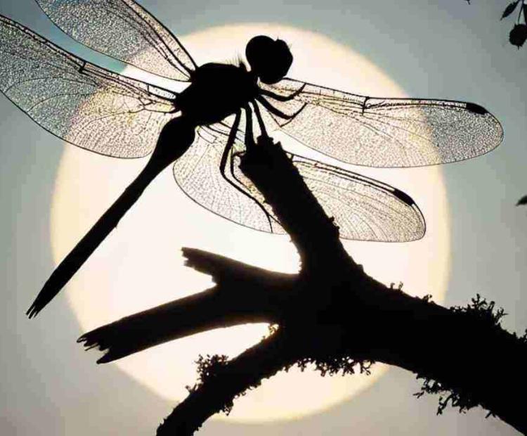 A dragonfly perched on a tree branch, its wings casting a beautiful silhouette against the bright sky.