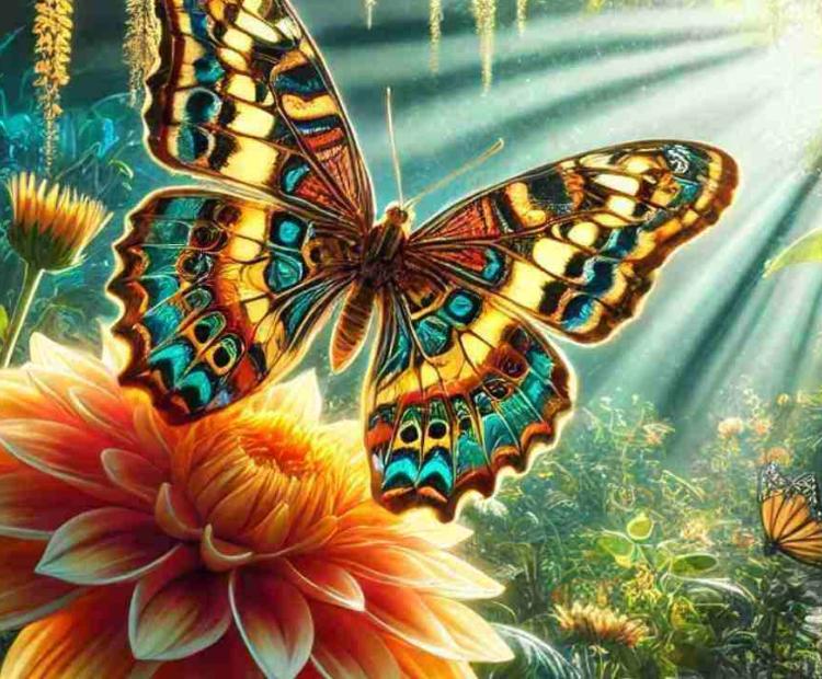 Vibrant butterflies with colorful wings fluttering around blooming flowers in a garden setting.