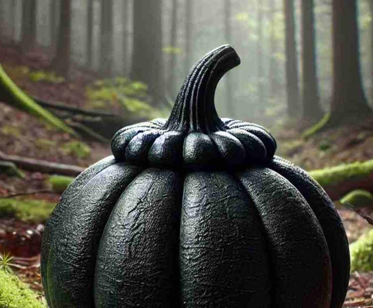 A strange black pumpkin-shaped nut lying on a bed of dry leaves in a forest.