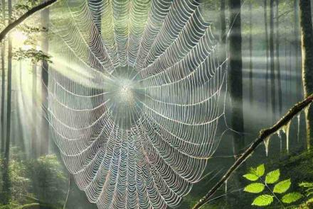 A spider's web hanging high in the trees, illuminated by the morning sun's rays.